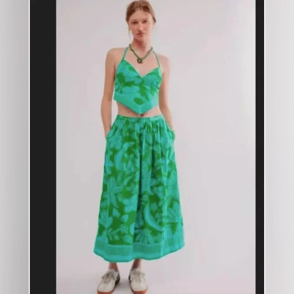 FREE PEOPLE 2 Piece Tropical Vaca Copa Cabana Smock Halter Top Skirt Set NWT XS - Picture 3 of 10